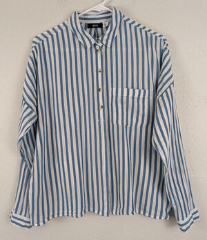 BDG sz S Oversized Boxy Shirt blue white stripes buttons gauzy material 3654